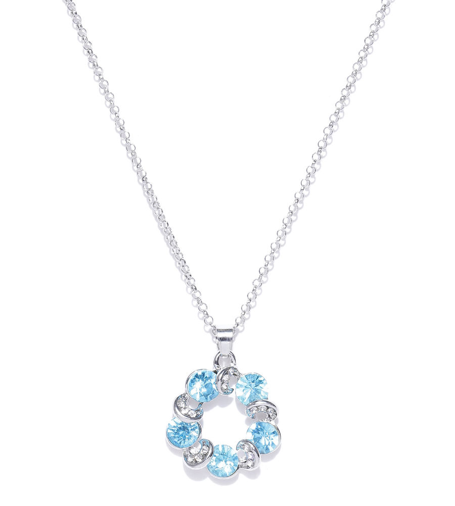 YouBella Blue  Silver-Toned Stone-Studded Pendant with Chain