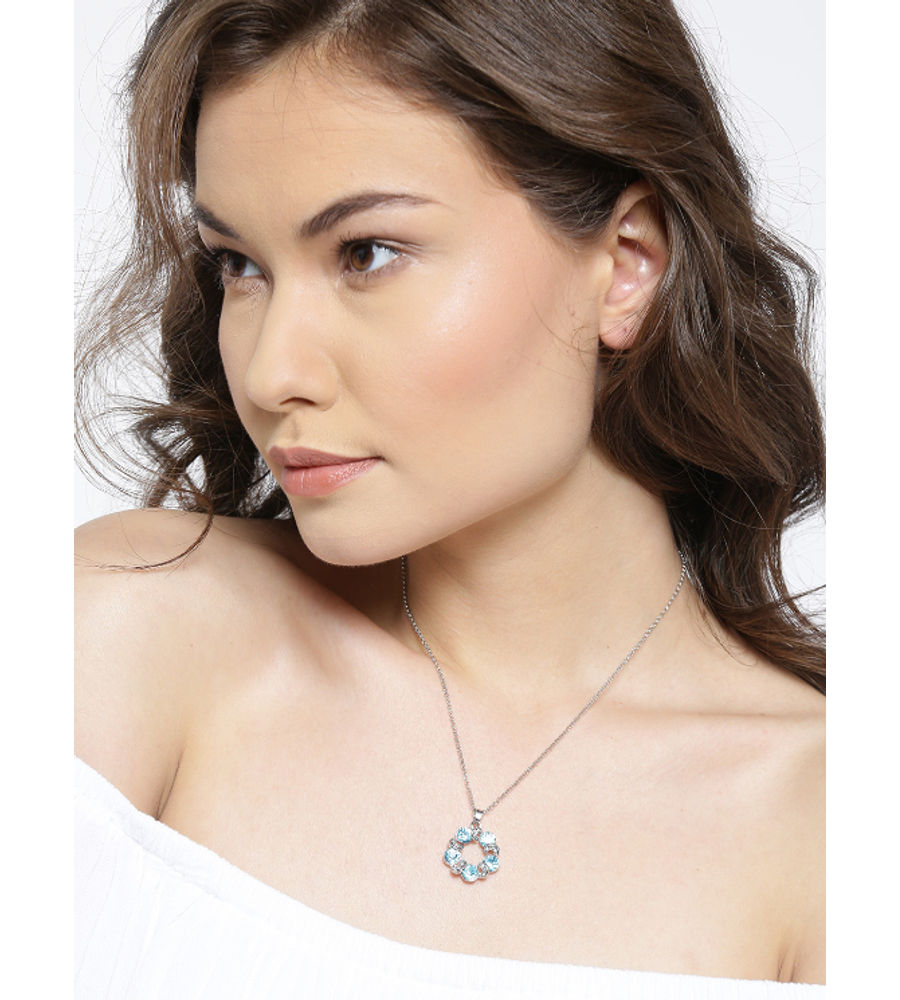 YouBella Blue  Silver-Toned Stone-Studded Pendant with Chain