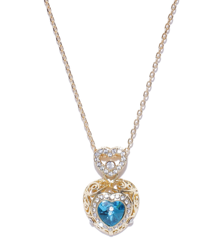 YouBella Blue  Gold-Toned Heart-Shaped Stone-Studded Pendant with Chain