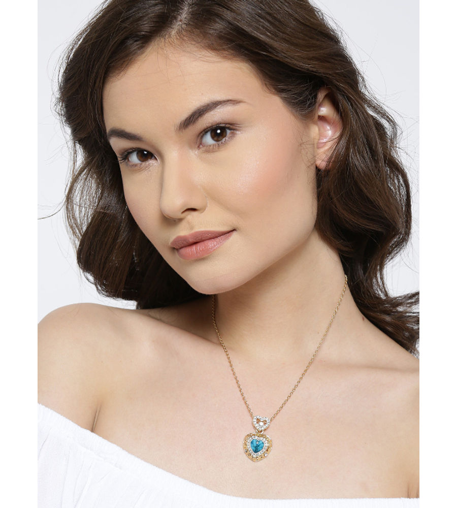 YouBella Blue  Gold-Toned Heart-Shaped Stone-Studded Pendant with Chain