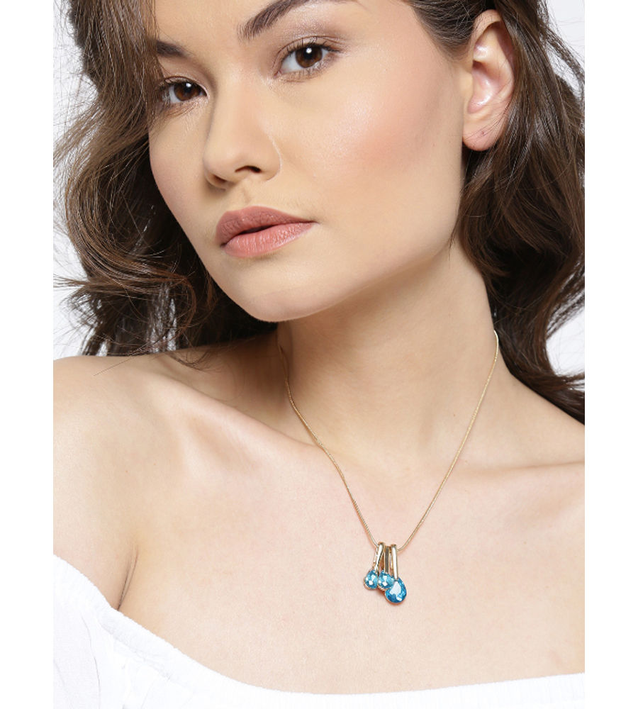 YouBella Set of 3 Blue  Gold-Toned Stone-Studded Pendants with Chain