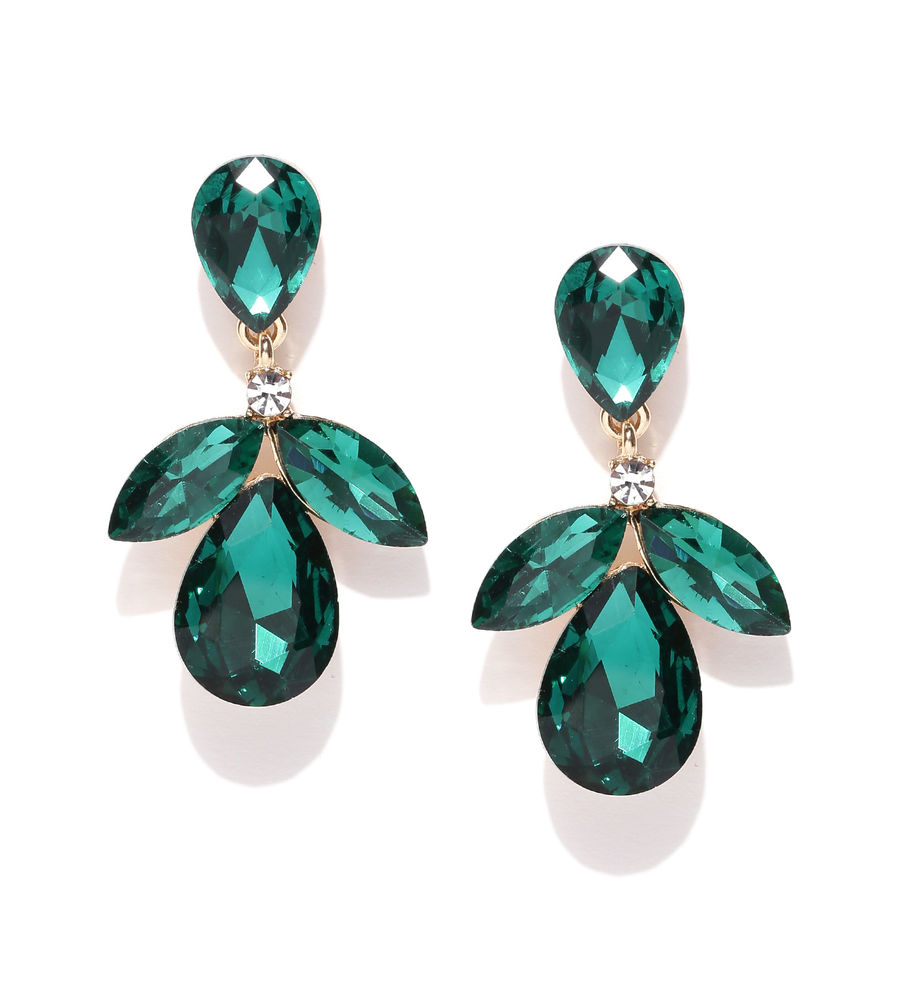 YouBella Green Gold-Plated Teardrop Shaped Drop Earrings