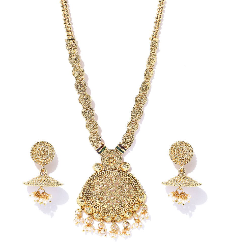 YouBella Antique Gold-Toned  Off-White Stone-Studded Layered Jewellery Set