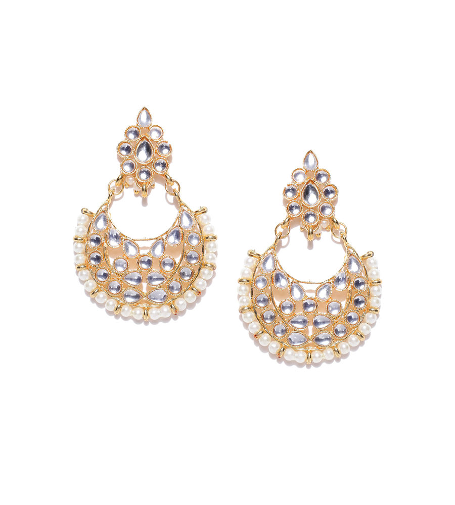 YouBella Off-White Gold-Plated Stone-Studded Crescent Shaped Chandbalis