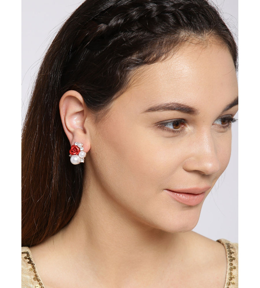 YouBella Off-White  Red Floral Beaded Oversized Stone Studs