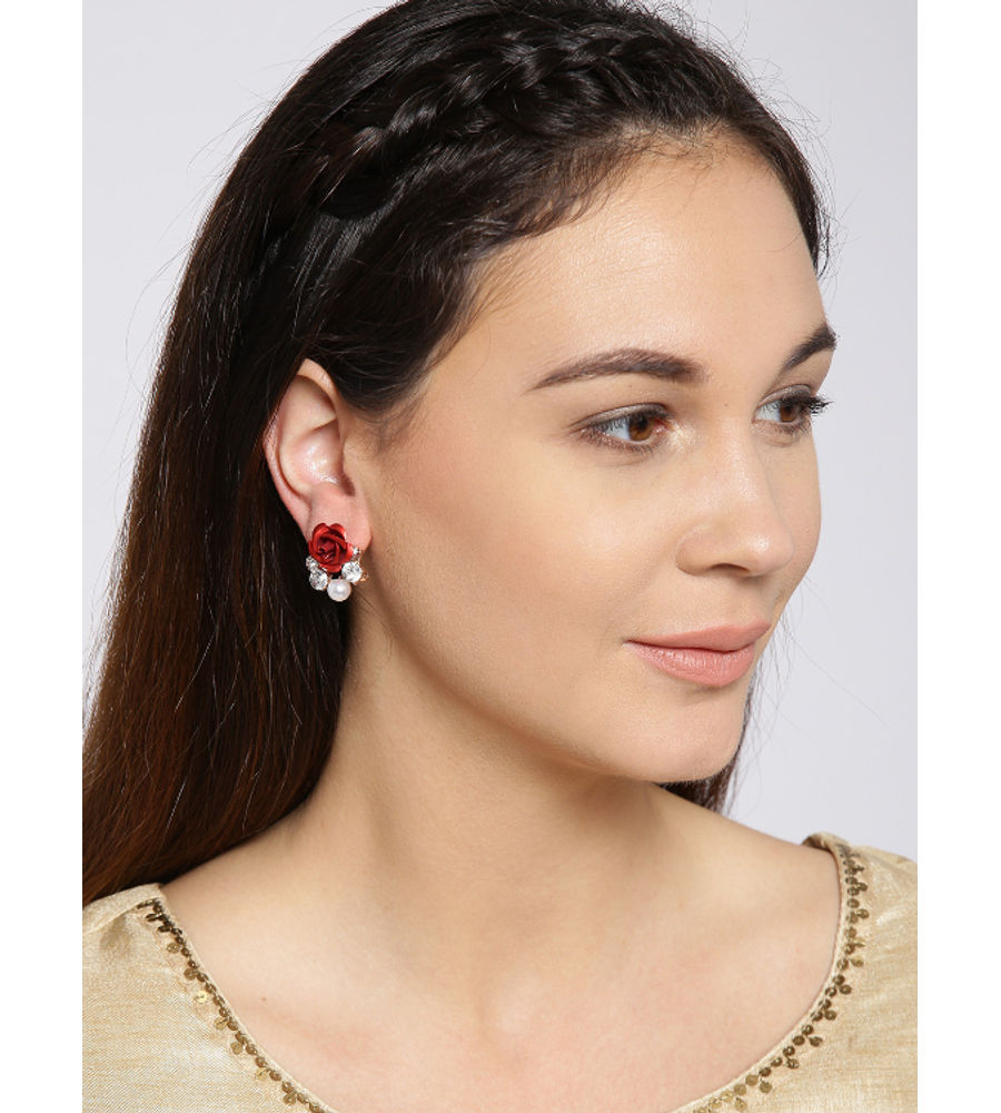 YouBella Red  Off-White Floral Beaded Oversized Stone Studs