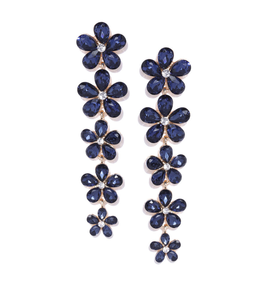 YouBella Navy Gold-Plated Stone-Studded Floral Drop Earrings