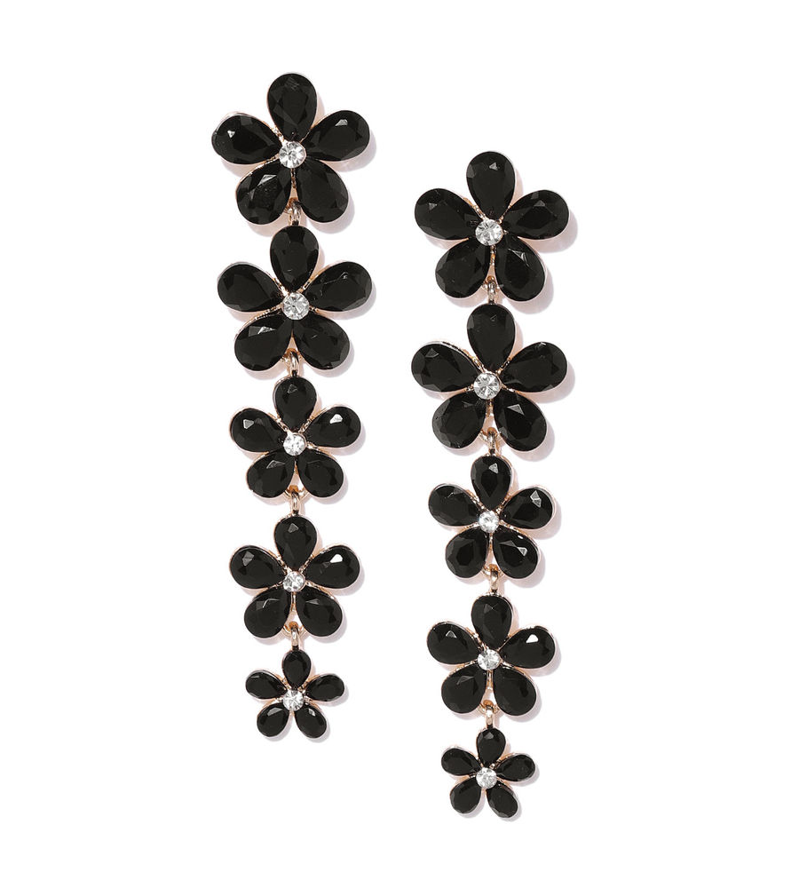 YouBella Black Gold-Plated Stone-Studded Floral Drop Earrings