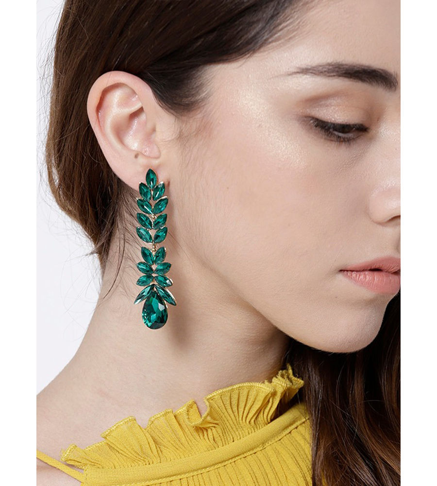 YouBella Green Gold-Plated Stone-Studded Contemporary Drop Earrings