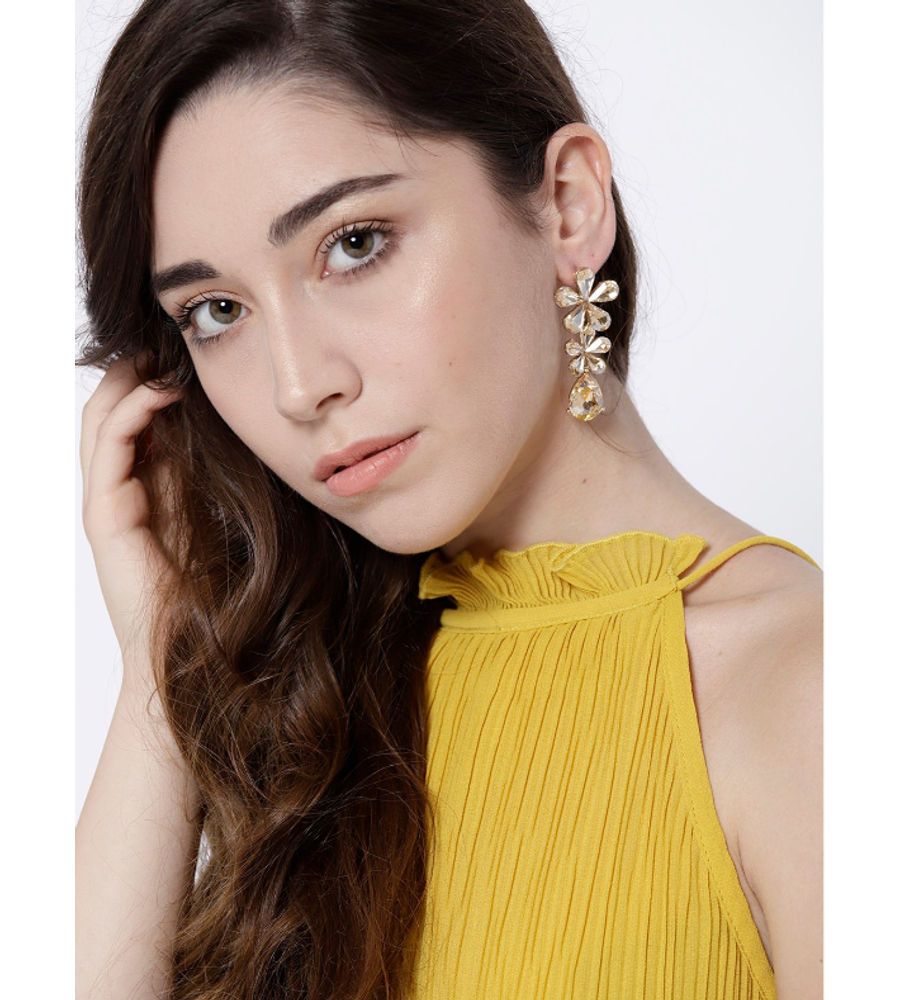 YouBella Beige Gold-Plated Stone-Studded Floral Drop Earrings