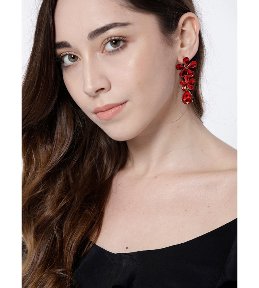 YouBella Red Gold-Plated Stone-Studded Floral Drop Earrings