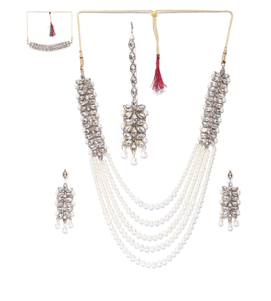 YouBella Antique Gold-Toned  Off-White Stone-Studded Layered Jewellery Set