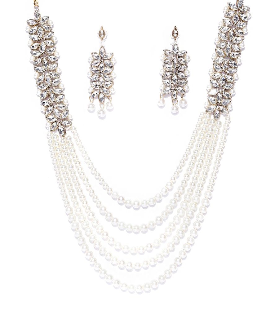 YouBella Antique Gold-Toned  Off-White Stone-Studded Layered Jewellery Set