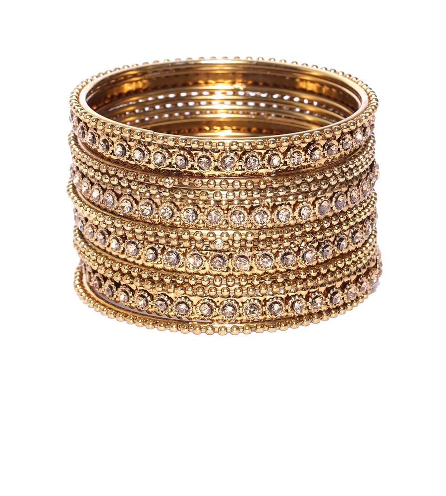 YouBella Set of 12 Antique Gold-Toned Textured Stone-Studded Bangles