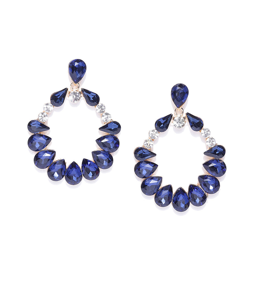 YouBella Navy Gold-Plated Stone-Studded Oval Drop Earrings