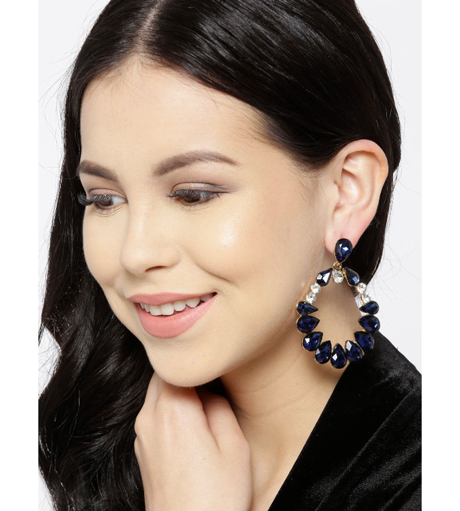YouBella Navy Gold-Plated Stone-Studded Oval Drop Earrings