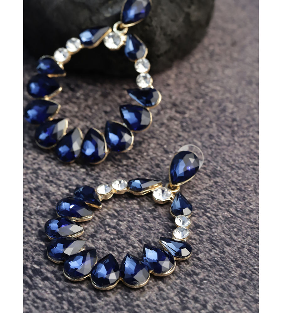 YouBella Navy Gold-Plated Stone-Studded Oval Drop Earrings