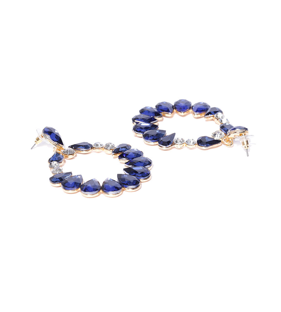 YouBella Navy Gold-Plated Stone-Studded Oval Drop Earrings