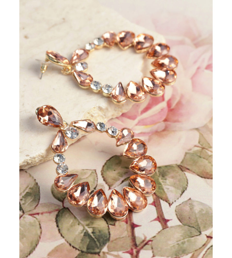YouBella Peach-Coloured  Gold-Plated Stone-Studded Teardrop-Shaped Drop Earrings