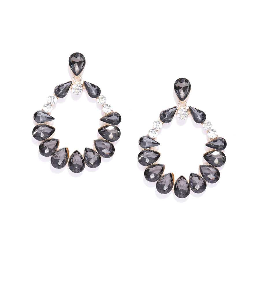YouBella Black Gold-Plated Stone-Studded Oval Drop Earrings