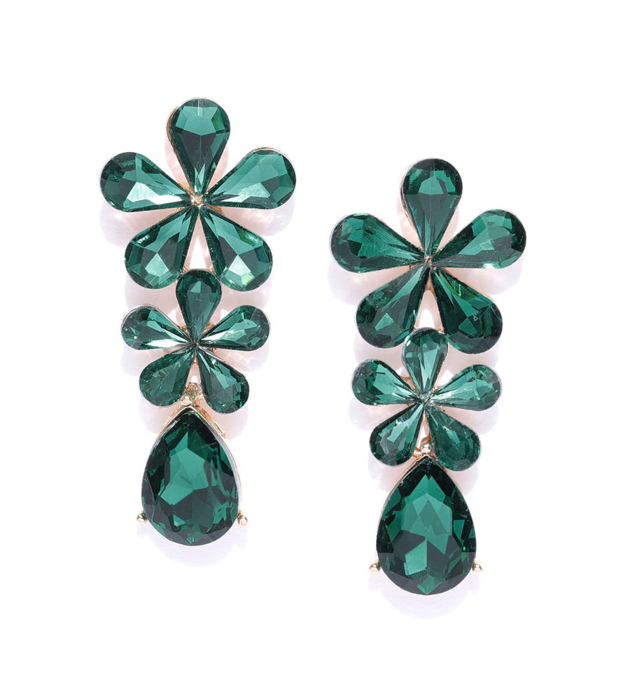 YouBella Green Gold-Plated Stone-Studded Floral Drop Earrings