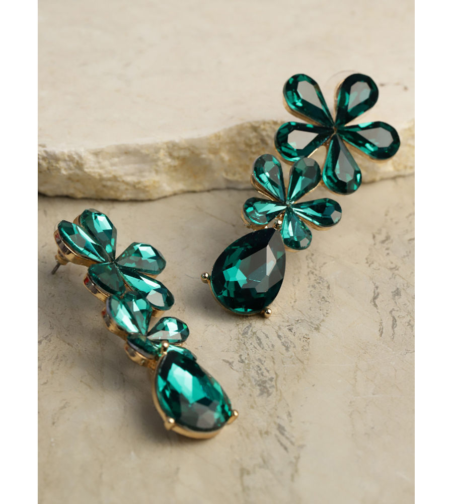 YouBella Green Gold-Plated Stone-Studded Floral Drop Earrings