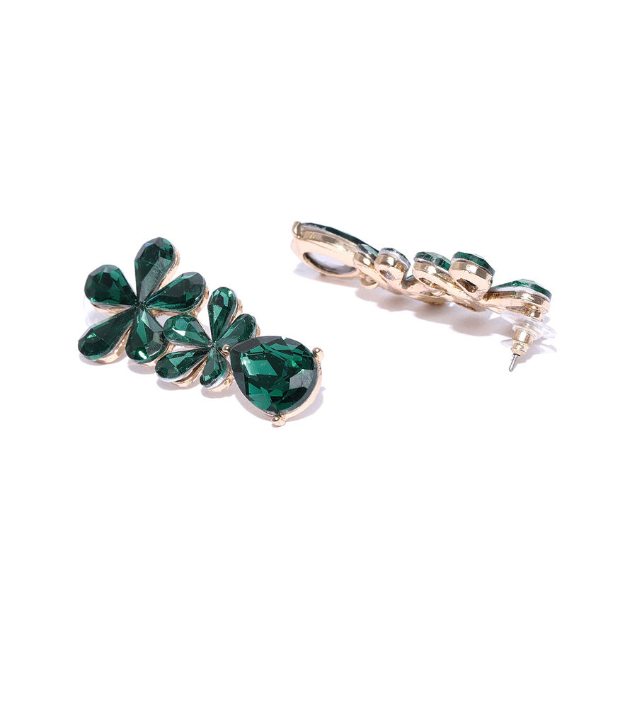 YouBella Green Gold-Plated Stone-Studded Floral Drop Earrings