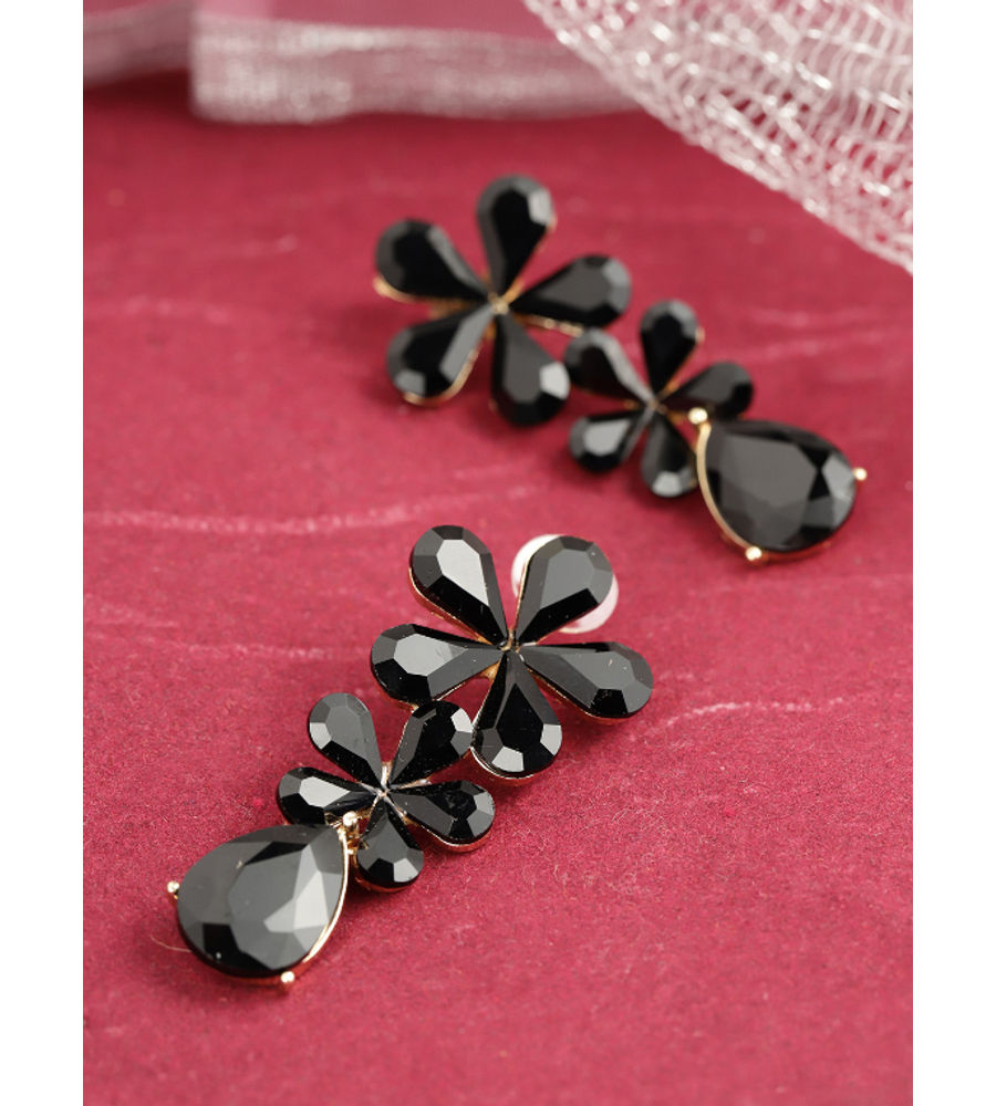 YouBella Black Gold-Plated Stone-Studded Floral Drop Earrings