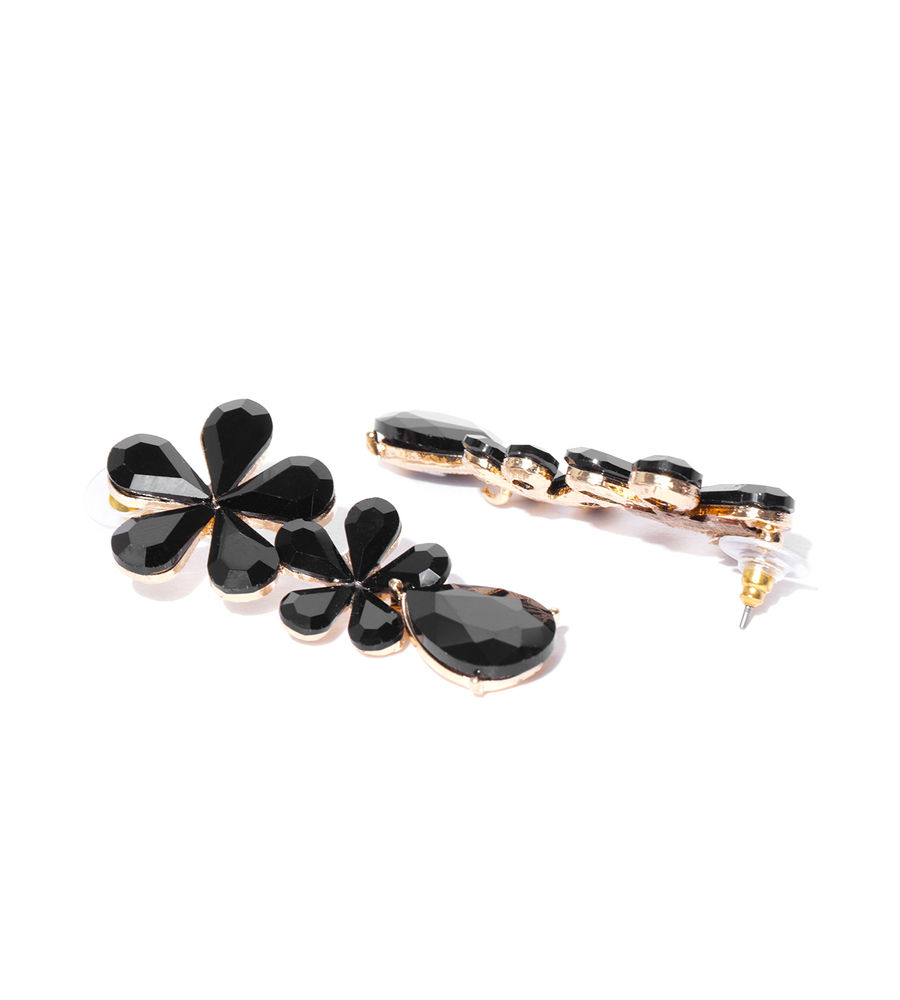 YouBella Black Gold-Plated Stone-Studded Floral Drop Earrings