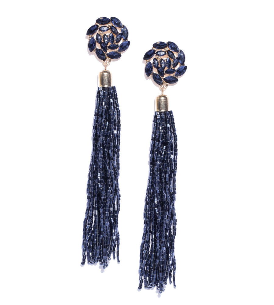 YouBella Navy Gold-Plated Stone-Studded Floral-Shaped Tasselled Drop Earrings