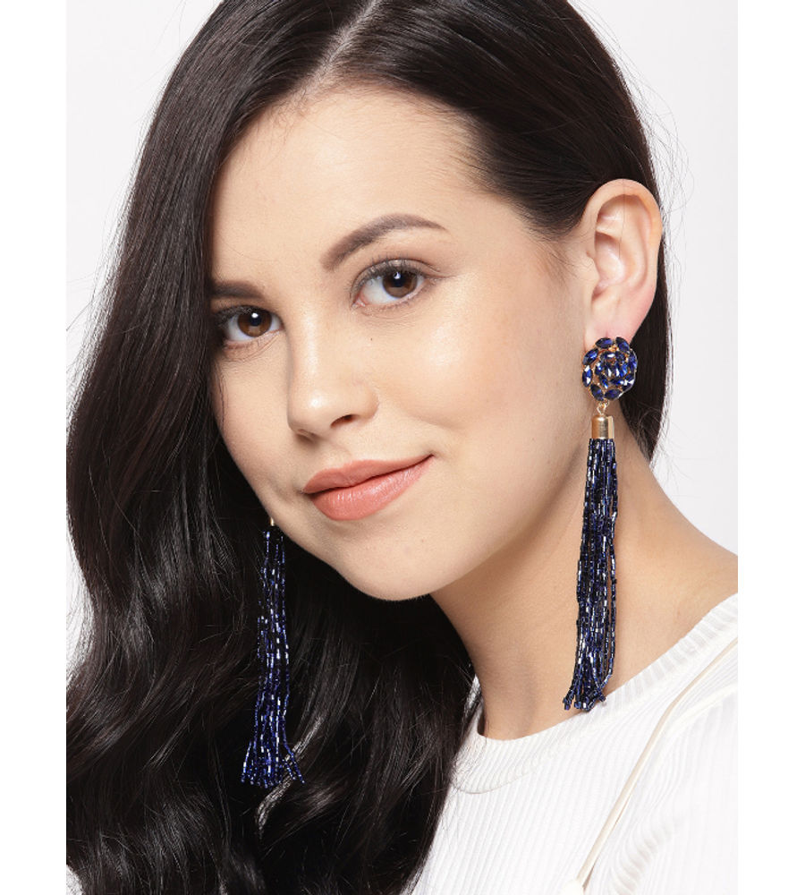 YouBella Navy Gold-Plated Stone-Studded Floral-Shaped Tasselled Drop Earrings