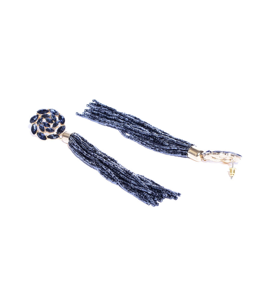 YouBella Navy Gold-Plated Stone-Studded Floral-Shaped Tasselled Drop Earrings