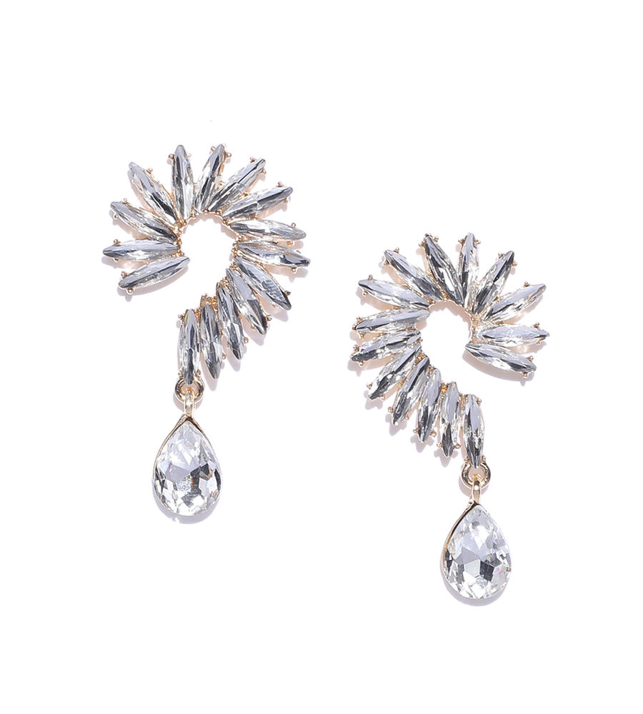 YouBella White Gold-Plated Stone-Studded Spiked Drop Earrings