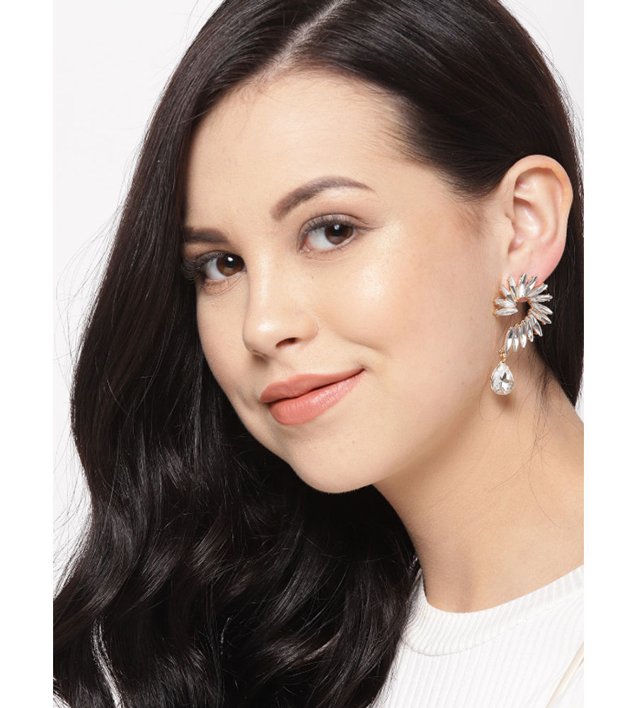 YouBella White Gold-Plated Stone-Studded Spiked Drop Earrings