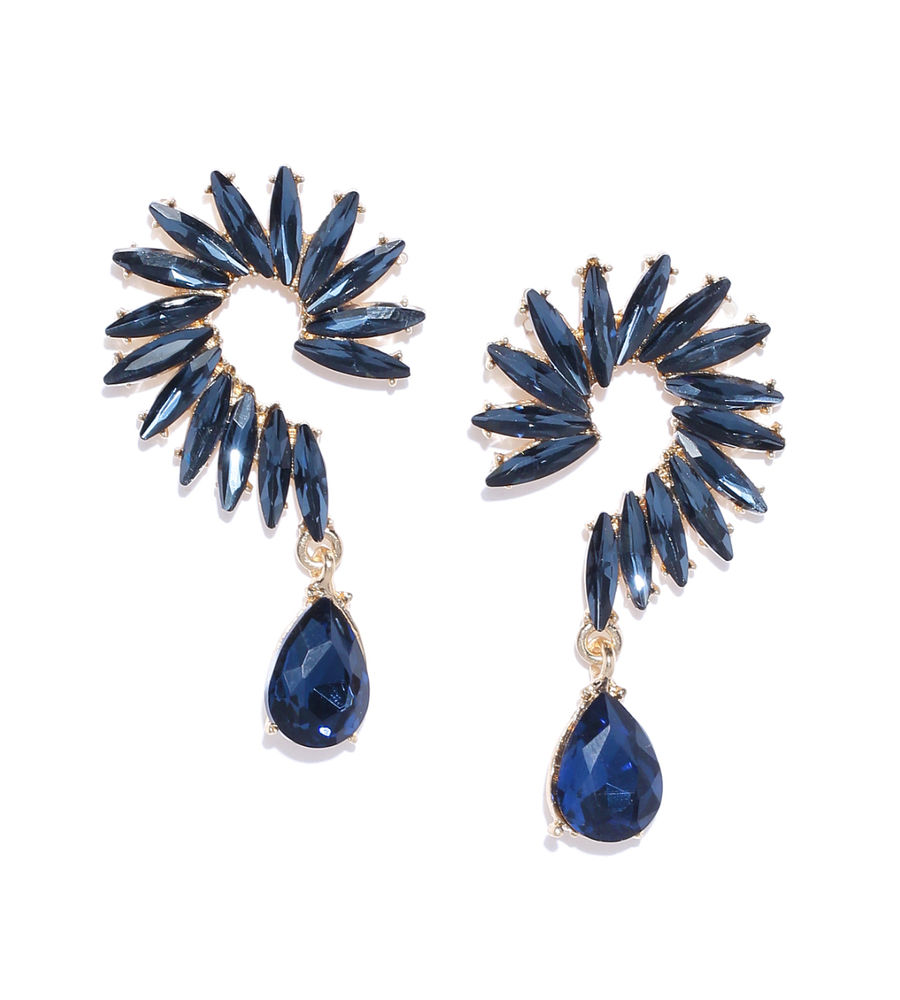 YouBella Navy Blue Gold-Plated Stone-Studded Contemporary Drop Earrings