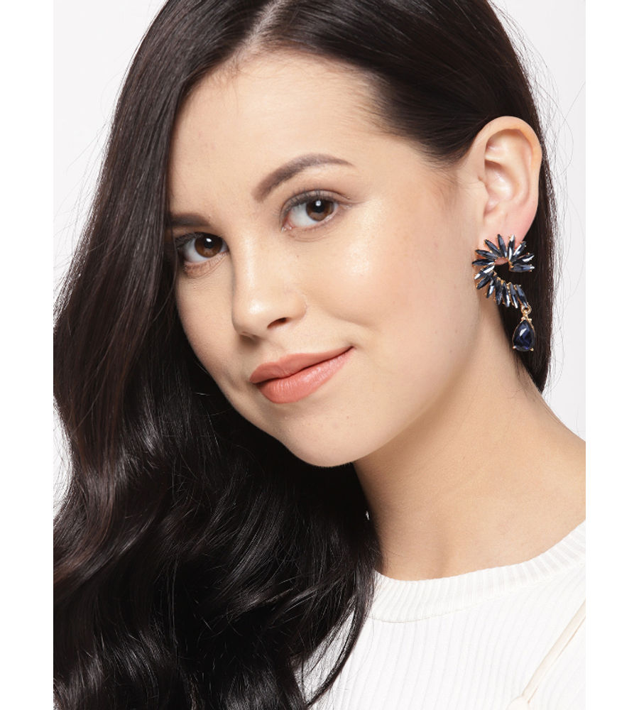 YouBella Navy Blue Gold-Plated Stone-Studded Contemporary Drop Earrings