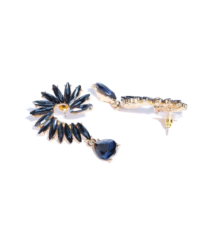 YouBella Navy Blue Gold-Plated Stone-Studded Contemporary Drop Earrings