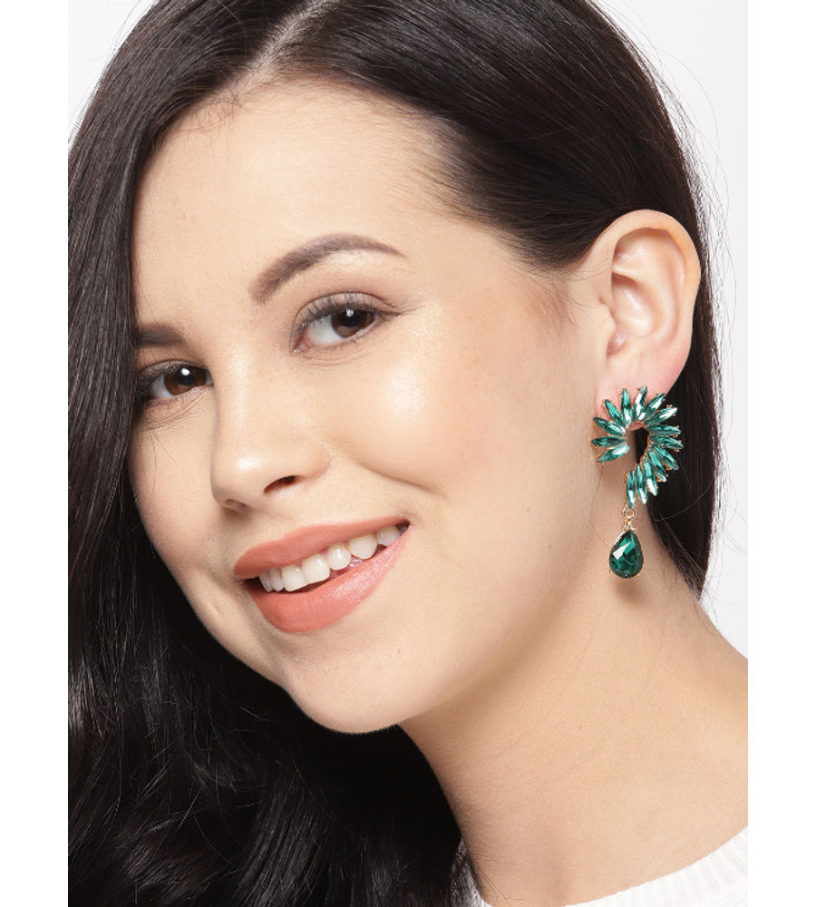 YouBella Green Gold-Plated Stone-Studded Contemporary Drop Earrings