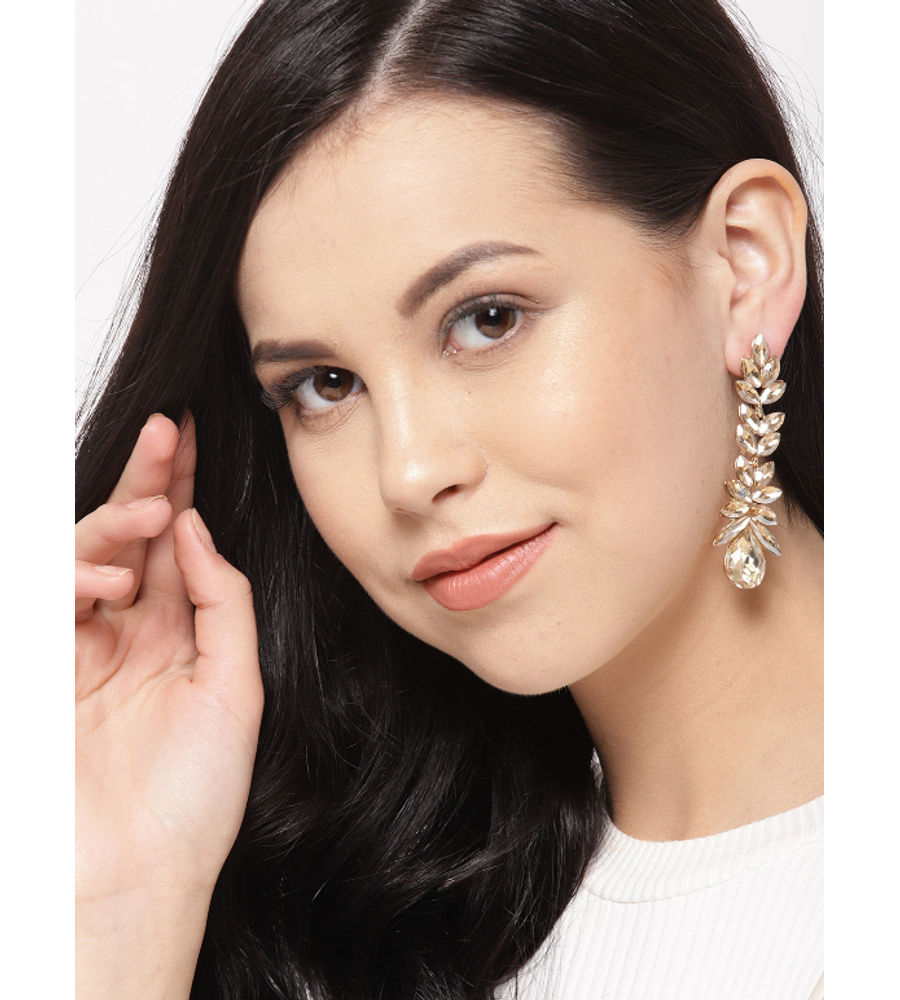 YouBella Gold-Plated Stone-Studded Leaf Shaped Drop Earrings