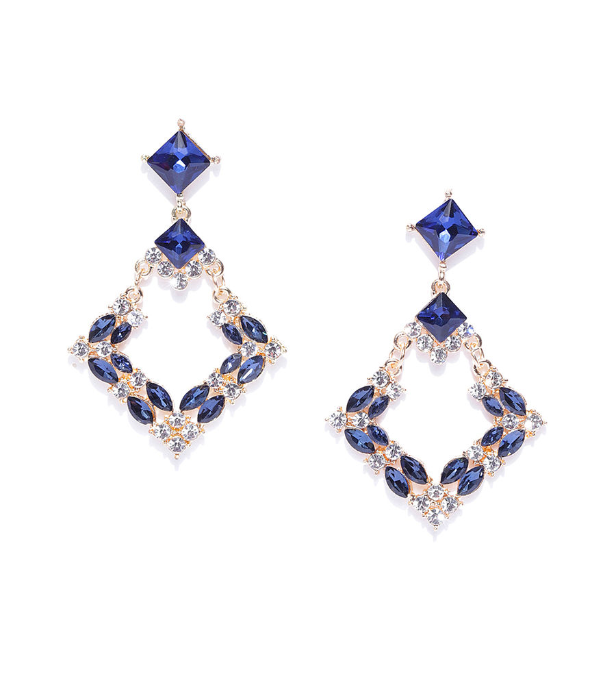 YouBella Navy Blue Gold-Plated Stone-Studded Geometric Drop Earrings