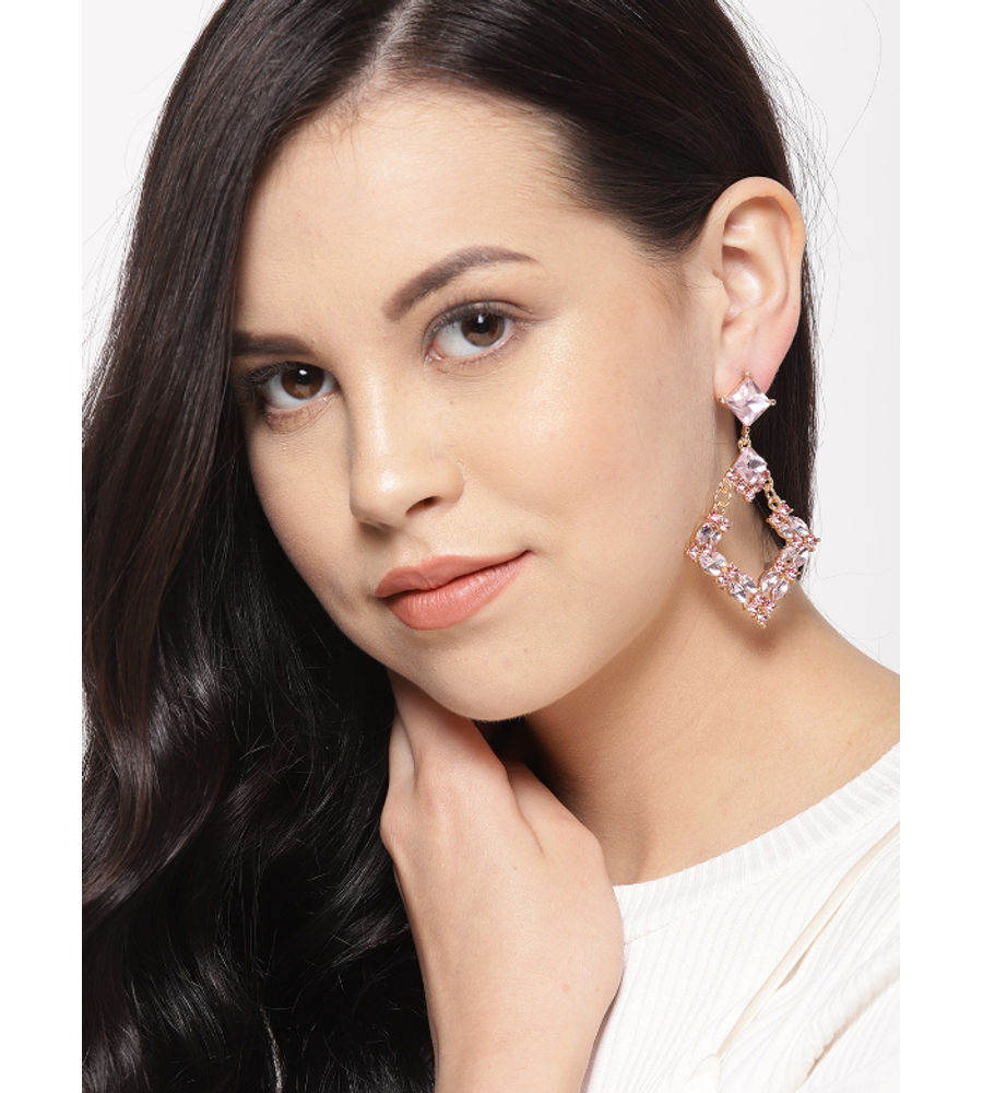 YouBella Pink Gold-Plated Stone-Studded Diamond Shaped Drop Earrings