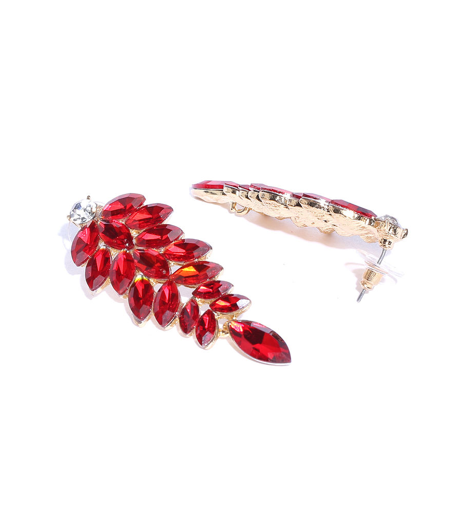 YouBella Red Gold-Plated Leaf-Shaped Stone-Studded Drop Earrings