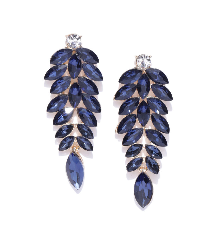 YouBella Navy Gold-Plated Stone-Studded Leaf-Shaped Drop Earrings