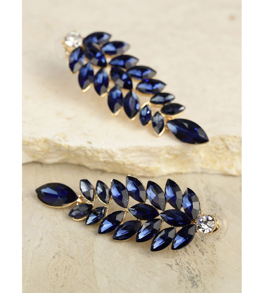 YouBella Navy Gold-Plated Stone-Studded Leaf-Shaped Drop Earrings