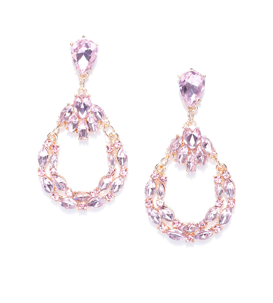 YouBella Pink Gold-Plated Stone-Studded Oval Drop Earrings