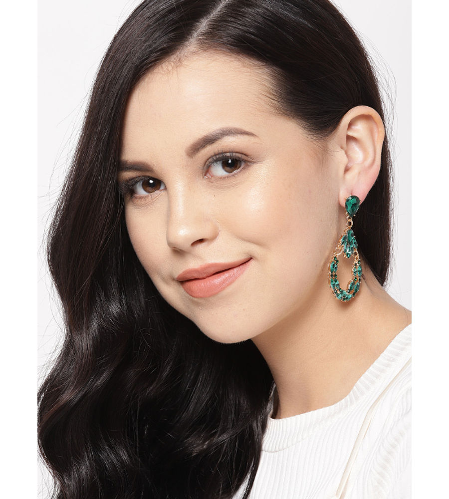 YouBella Green Gold-Plated Teardrop Shaped Stone-Studded Drop Earrings