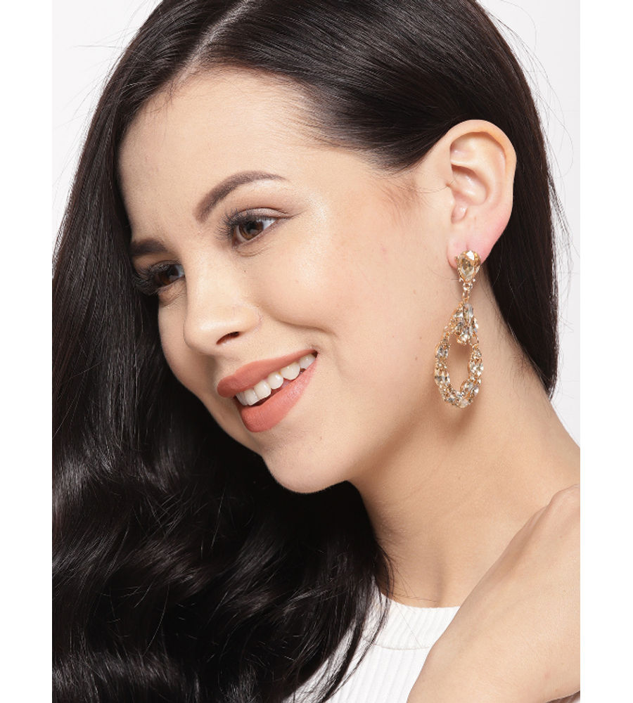 YouBella Gold-Plated Stone-Studded Teardrop Shaped Drop Earrings