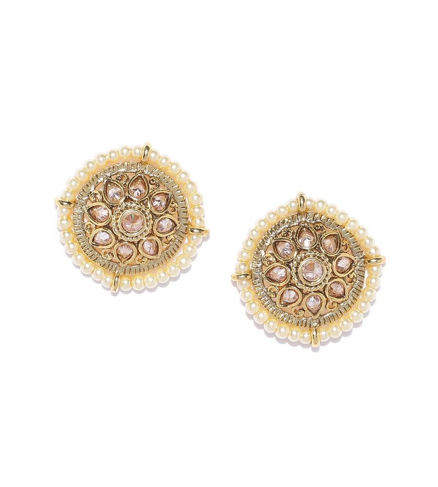 YouBella Antique Gold-Plated Off-White Stone-Studded Beaded Circular Studs