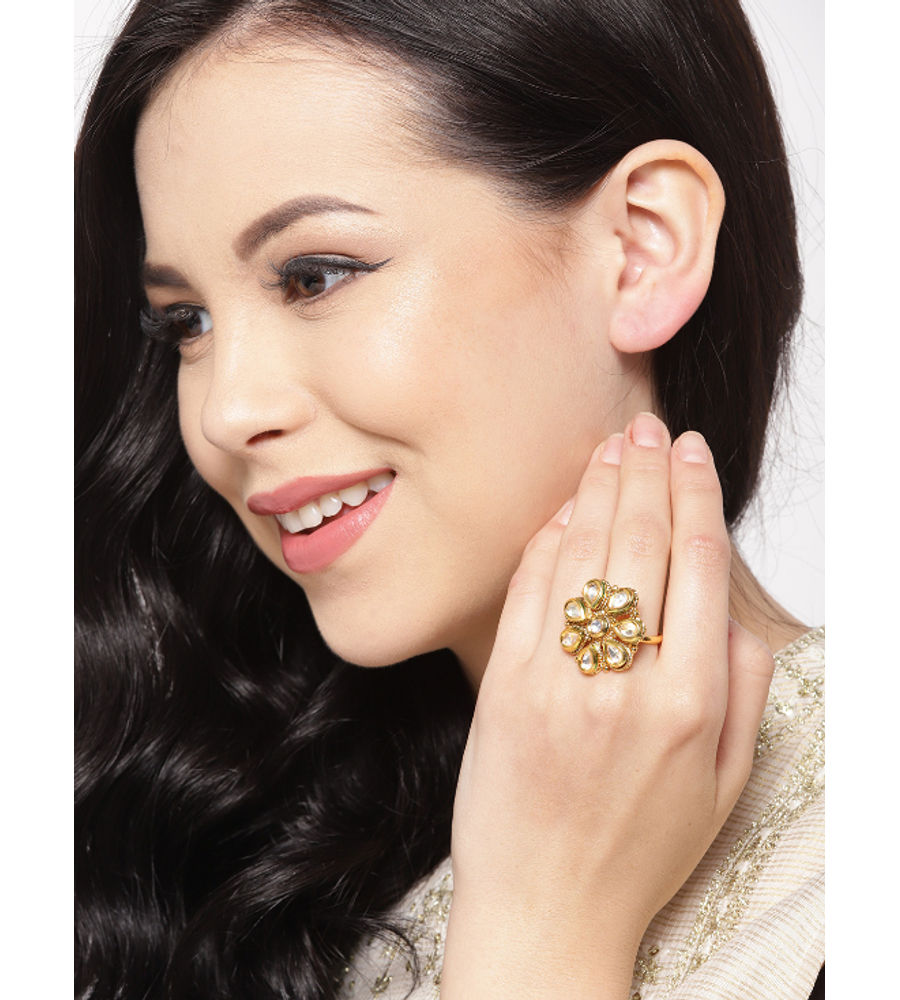 YouBella Women Gold-Plated Stone-Studded Floral Adjustable Ring