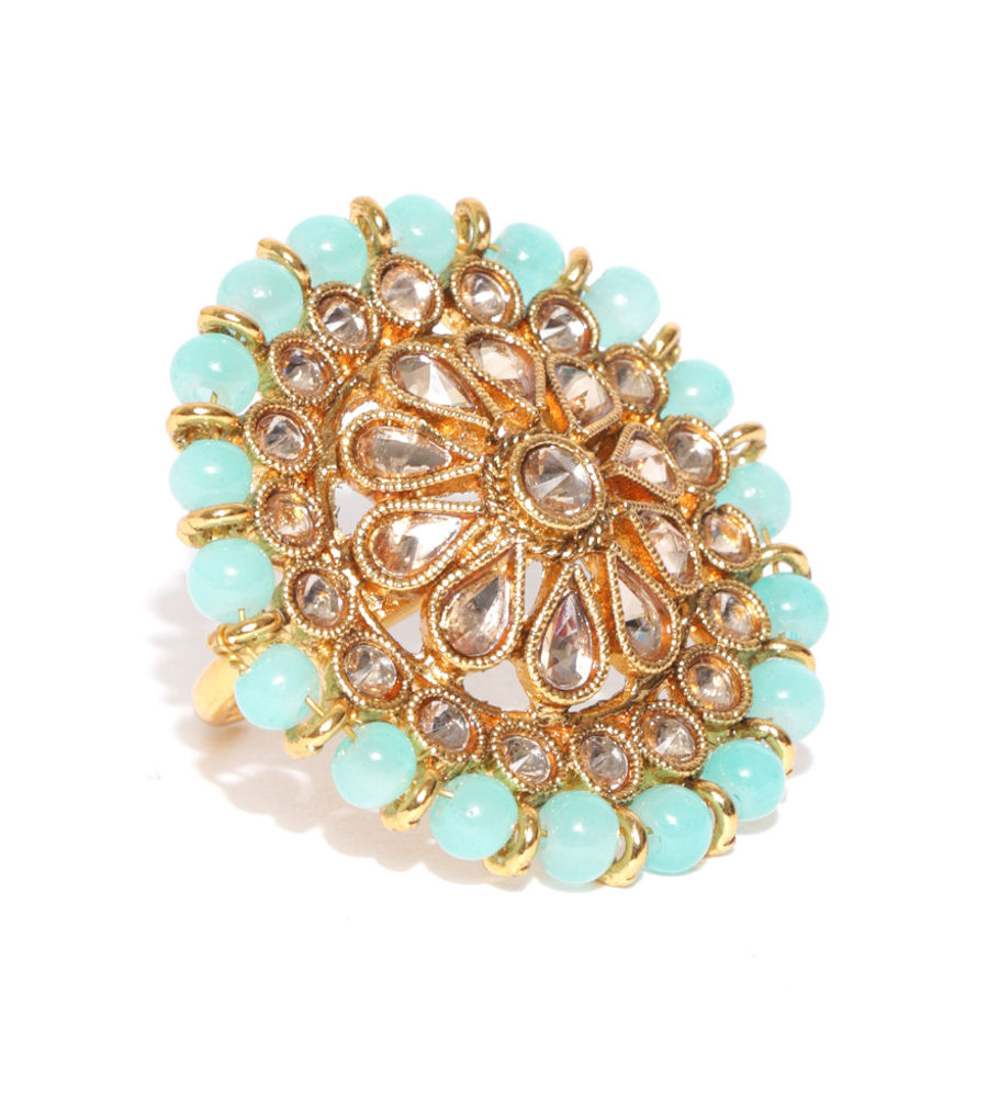 YouBella Women Turquoise Blue Gold-Plated Stone-Studded Floral Adjustable Ring